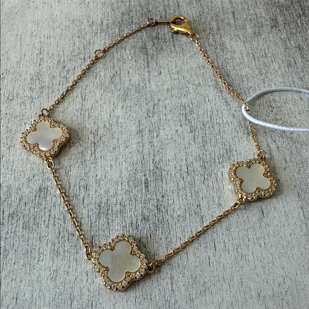 Rachel Zoe Gold Plated 925 Ster Silver Revers Bracelet Pave 3 Clover Moth OPearl - Picture 9 of 15